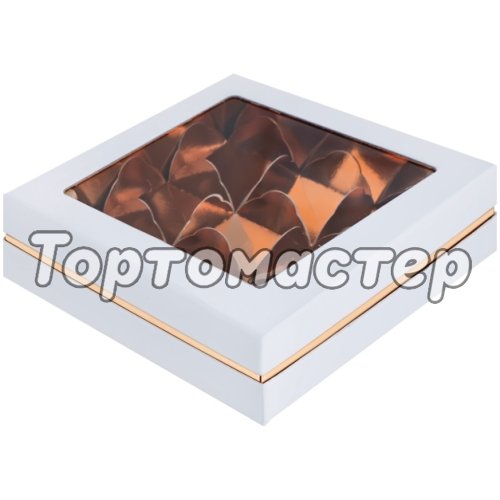 Коробка для 9 моти с окном и золотым ложементом белая 18х18х4,5 см 070950