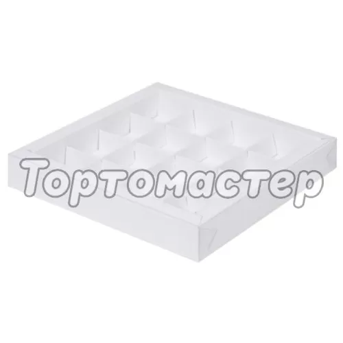 Коробка на 16 конфет с прозрачной крышкой белая 20х20х3 см 50501, 050501